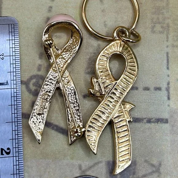 Pink Ribbon Gold Breast Cancer Awareness Brooch Pin & Key Chain Avon & Latasia - Picture 3 of 6